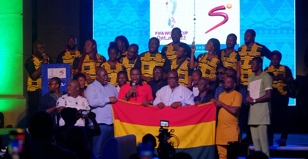 The Minster of Youth and Sports, Mustapha Ussif, fanked by staff of MultiChoice Ghana and some football legends, launching the World Cup coverage